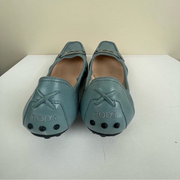 Tod’s Square Toe Ballet Flats Buckle Blue Leather - Picture 3 of 5